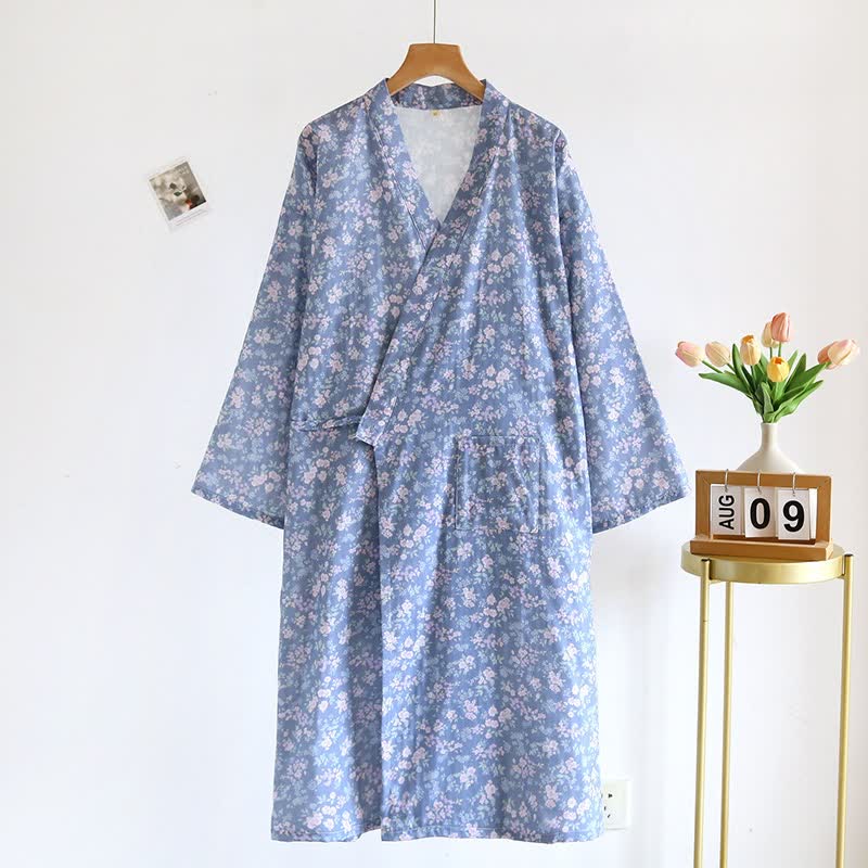 Rustic Blue Floral Cotton Kimono Robe - image 1