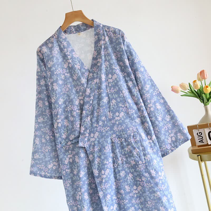 Rustic Blue Floral Cotton Kimono Robe - image 2