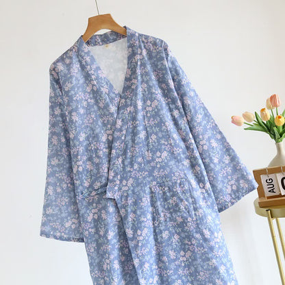 Rustic Blue Floral Cotton Kimono Robe - image 2