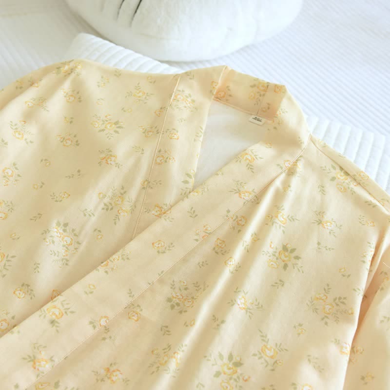 Yellow Botanical Cotton Gauze Kimono Robe - image 5