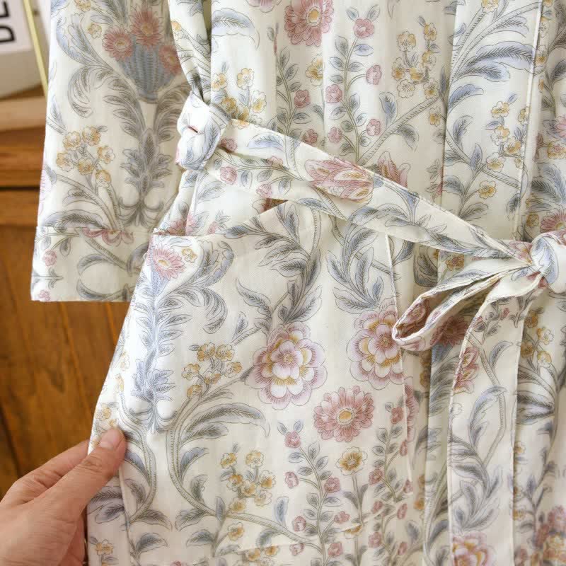 Floral Cotton Gauze Kimono Robe with Pocket - image 7