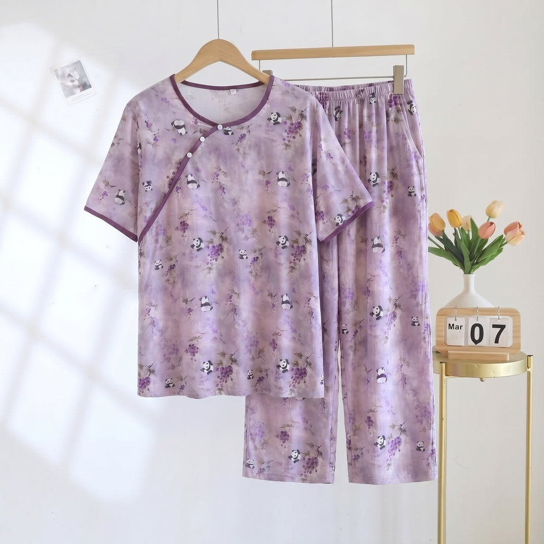 Cotton Rayon Cropped Pants Padded Nightwear - Purple - 2XL - image 0