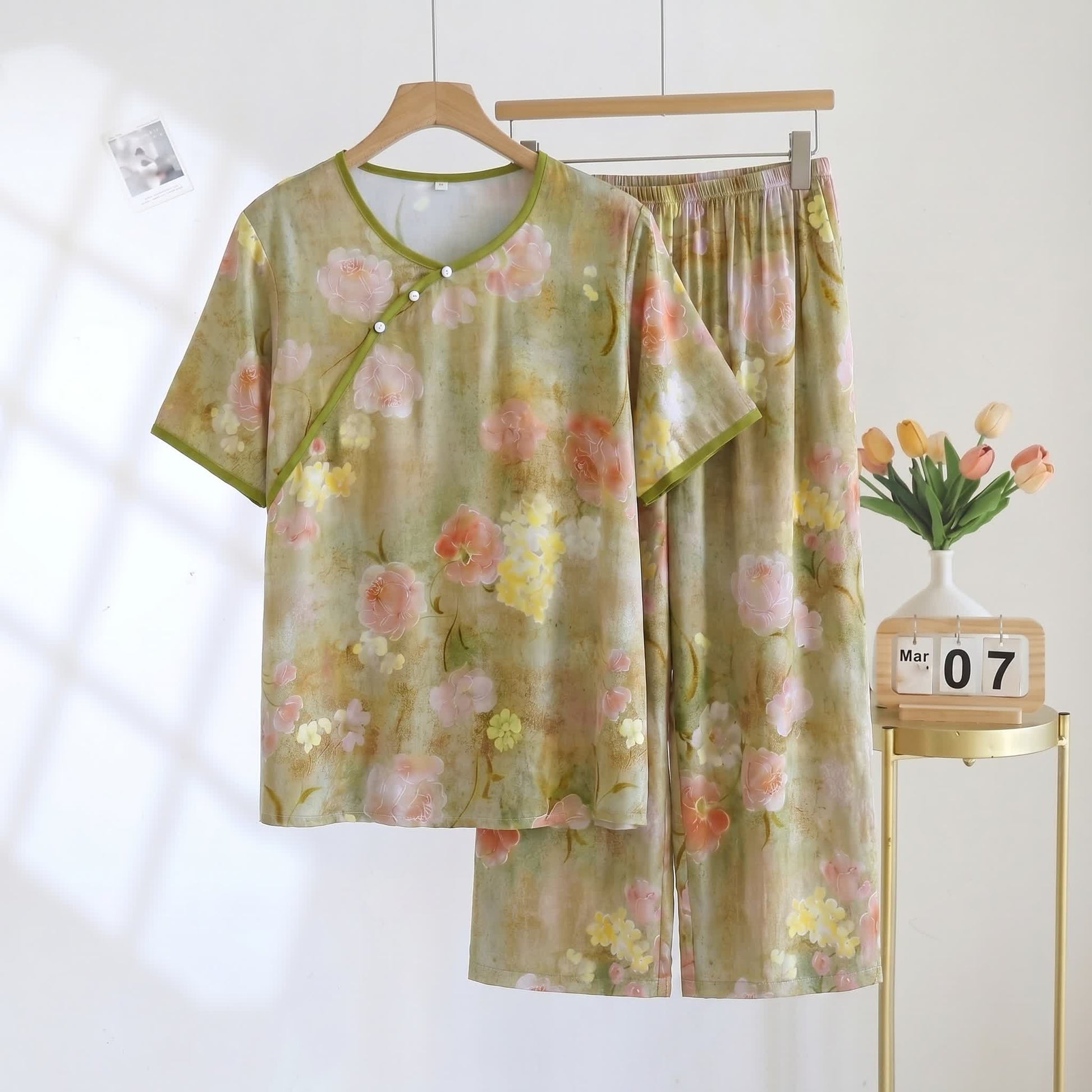 Botanical Padded Rayon Capri Pajama Set - Green - 2XL - image 0