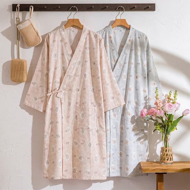 Framed Rose & Bow Cotton Kimono Robe - image 0