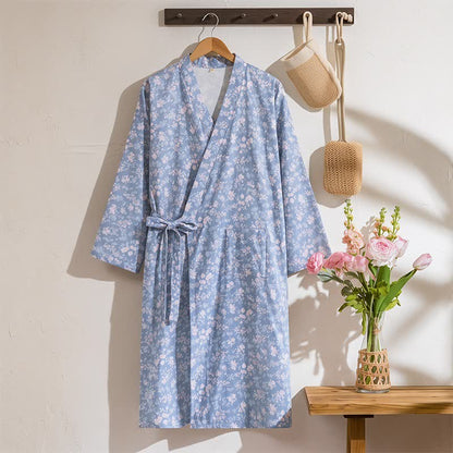 Rustic Blue Floral Cotton Kimono Robe - Blue - XL - image 0