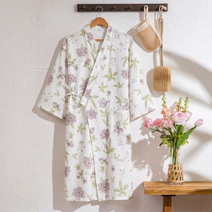 Violet Floral Cotton Kimono Robe - White - L - image 0