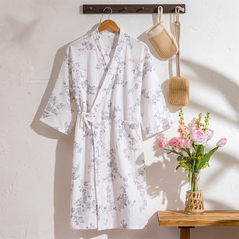 Elegant Purple Floral Cotton Kimono Robe - Purple - L - image 0