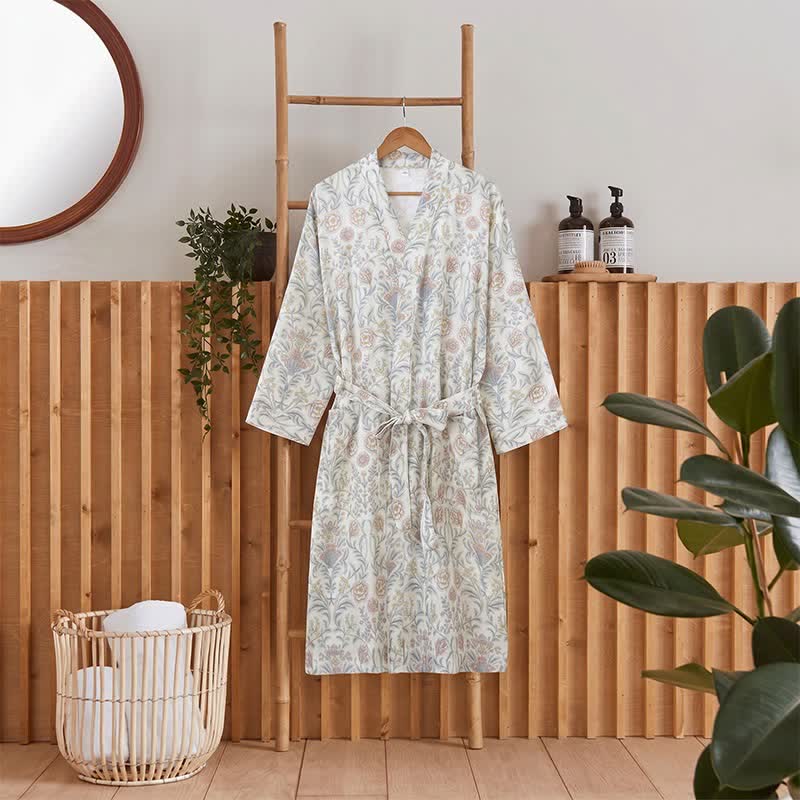 Floral Cotton Gauze Kimono Robe with Pocket - Beige - XL - image 0