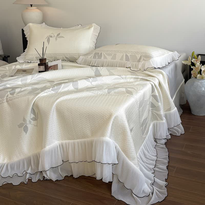 Ruffled Gray Leaf Jacquard Bedspread Set - Queen - image 0