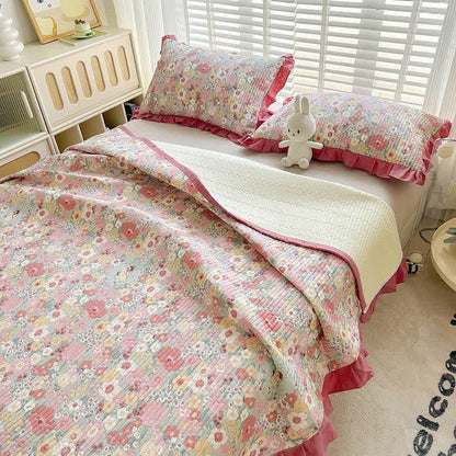 Ruffled Pink Floral Twill Cotton Coverlet - image 4