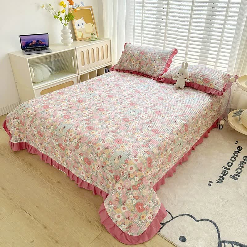 Ruffled Pink Floral Twill Cotton Coverlet - image 2