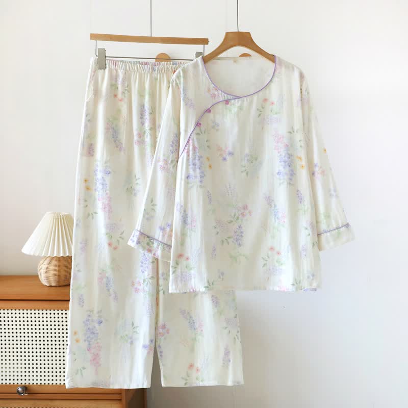 Floral Cotton Double Gauze Lounge Set - White - XL - image 0
