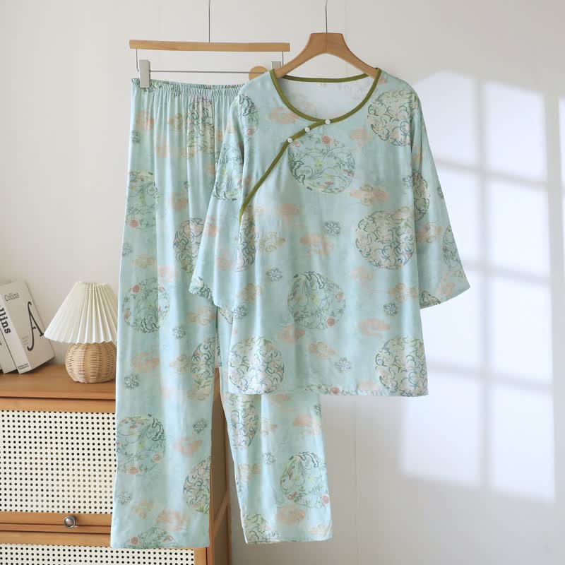 Oriental Traditional Floral Women's Pajamas - Green - XXL - image 0