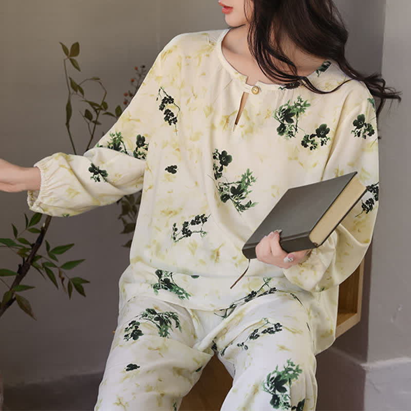 Pastoral Floral Long Sleeve Women's Pajamas - Beige - XXL - image 5