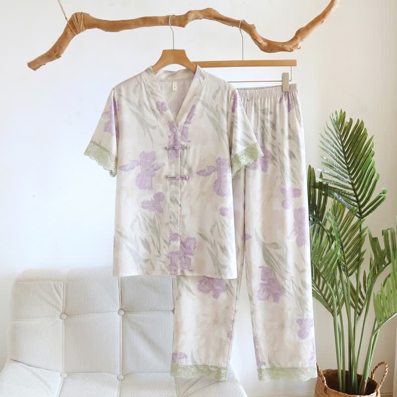Floral Mandarin Collar Women's Loungewear Set - Beige - 3XL - image 0