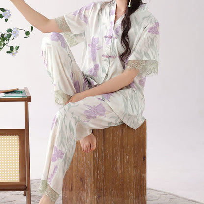 Floral Mandarin Collar Women's Loungewear Set - image 3