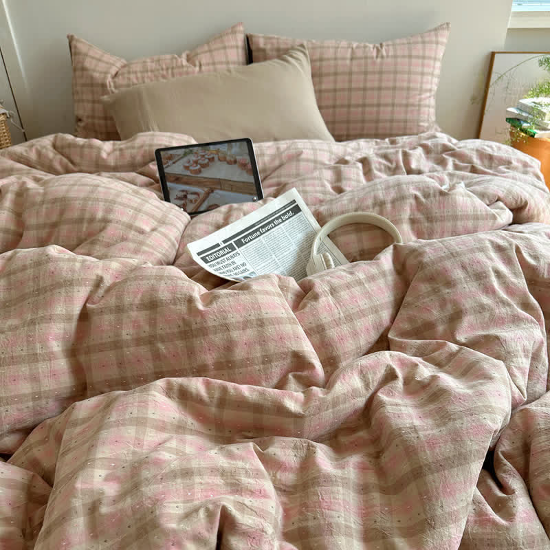 Soft Pink Gingham Cotton Bedding Set - image 1