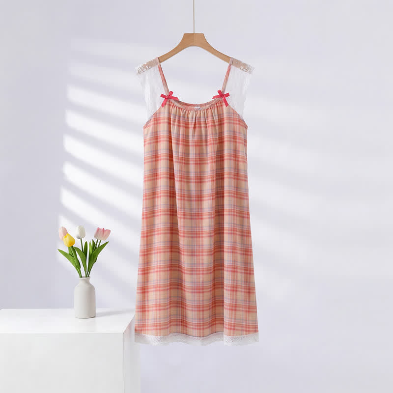Ownkoti Rainbow Plaid Double Gauze Lace Trim NightDress - Sleeveless Nightdress - Rainbow - XL - image 0