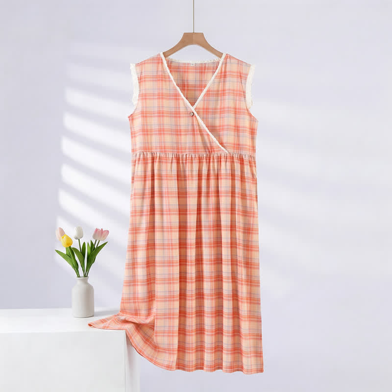 Ownkoti Rainbow Plaid Double Gauze Lace Trim NightDress - V-neck Nightgown - Rainbow - XL - image 1