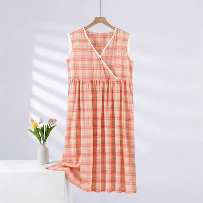 Ownkoti Rainbow Plaid Double Gauze Lace Trim NightDress - V-neck Nightgown - Rainbow - XL - image 1