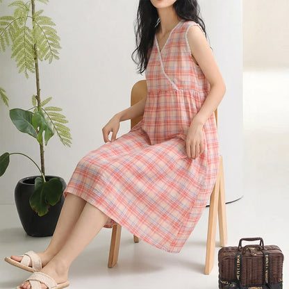 Rainbow Plaid Double Gauze Lace Trim NightDress - image 4