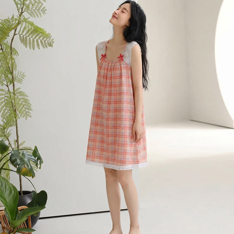 Rainbow Plaid Double Gauze Lace Trim NightDress - image 3