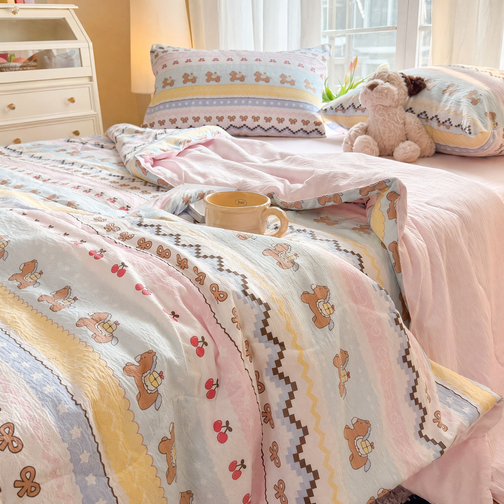 Pink Bow Bear Washed Cotton Bedding Set - image 2