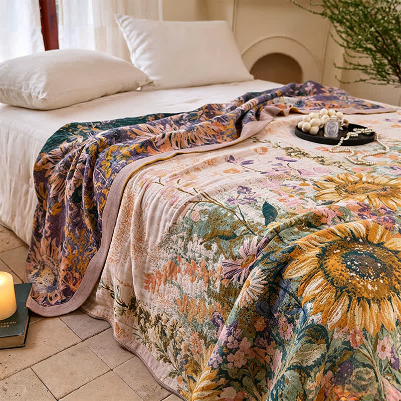 Vintage Sunflower Cotton Gauze Blanket Quilt - image 2