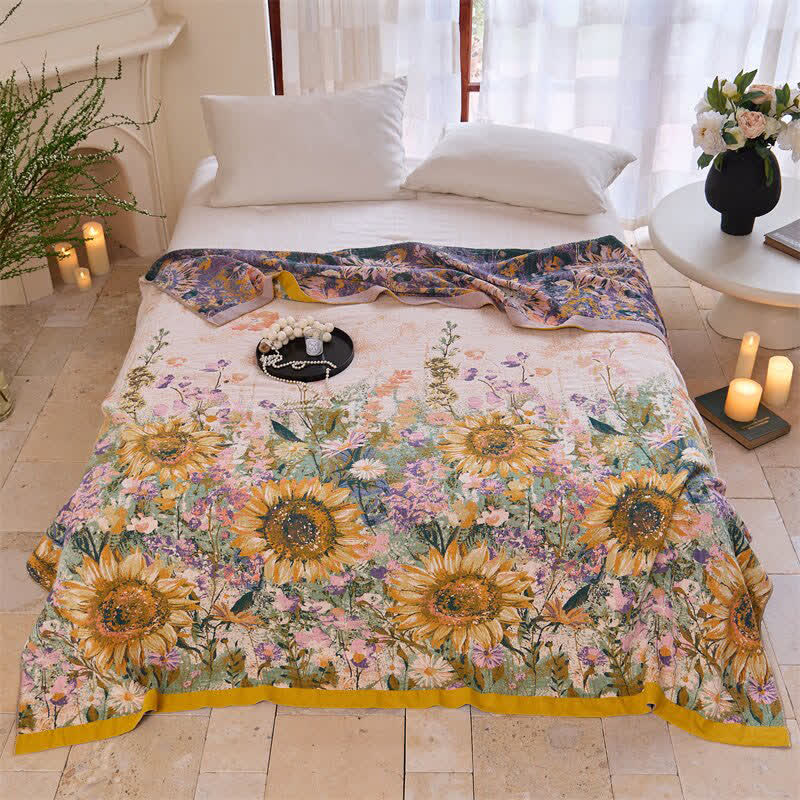 Vintage Sunflower Cotton Gauze Blanket Quilt - Queen - image 0