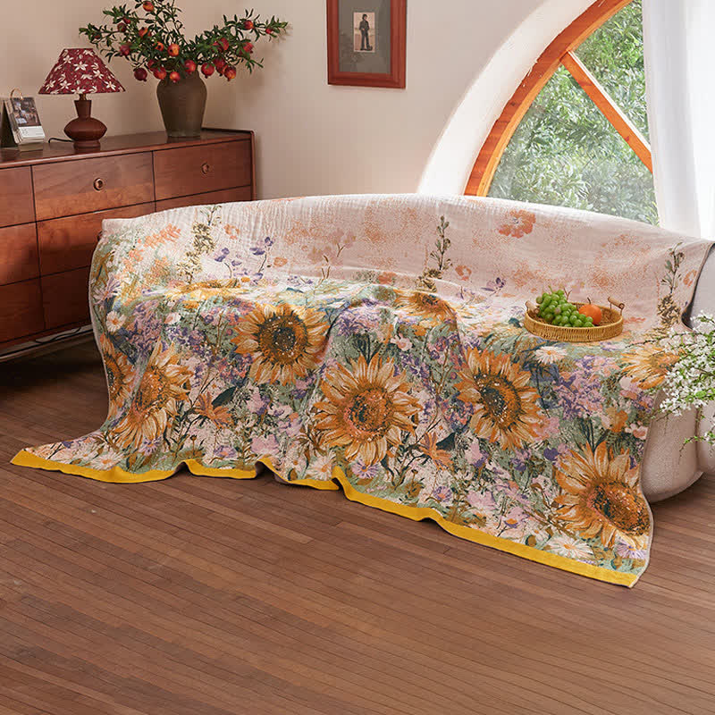Vintage Sunflower Cotton Gauze Blanket Quilt - image 3