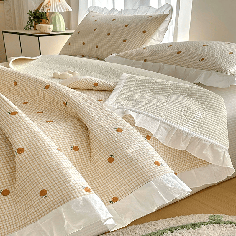 Ruffled Edge Orange Print Cotton Coverlet - image 6