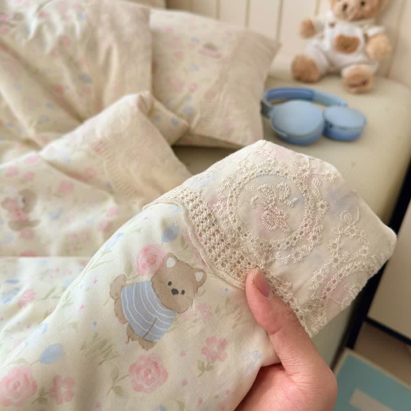 Cream Floral Lace Trim Cotton Bedding Set - image 3