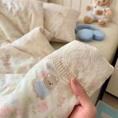 Cream Floral Lace Trim Cotton Bedding Set - image 3