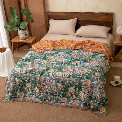 Reversible Botanical Muslin Quilt with Retro Fringe - King - image 0