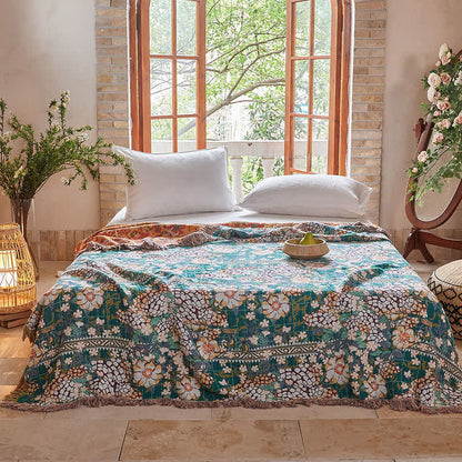 Reversible Botanical Muslin Quilt with Retro Fringe - image 1