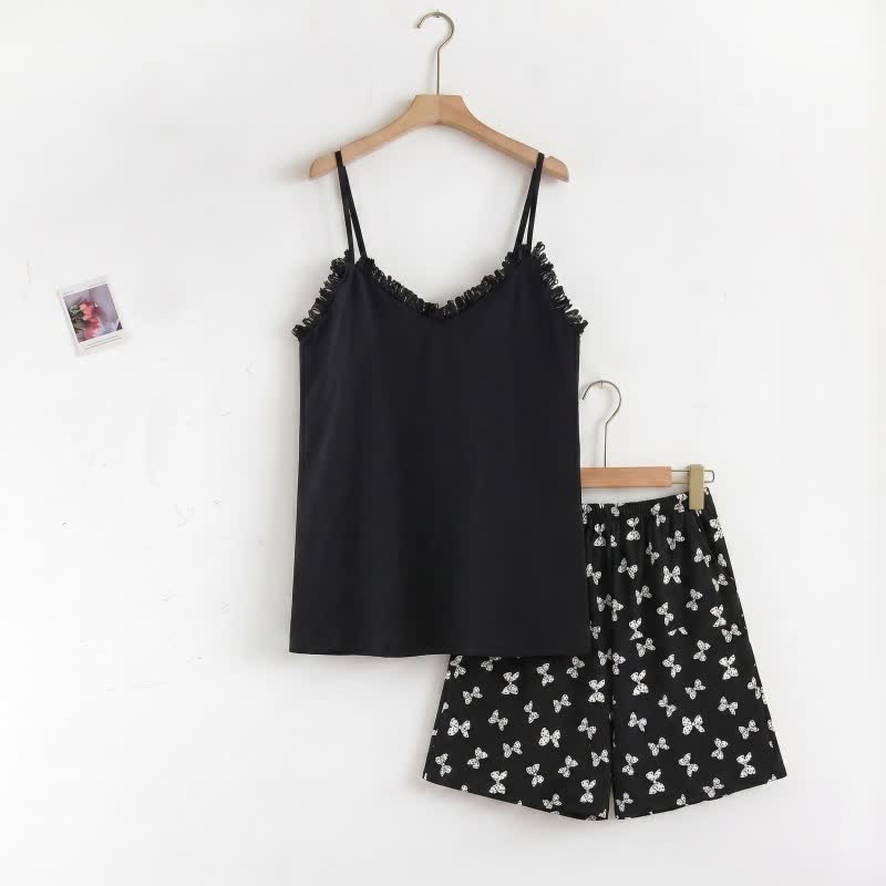 Cami & Bow Print Shorts Pajama Set - Black - 2XL - image 0