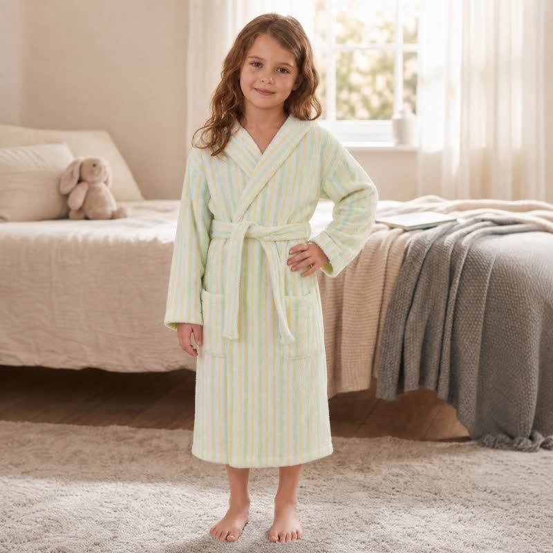 Soft Green Stripe Cotton Bathrobe For Kids - image 1