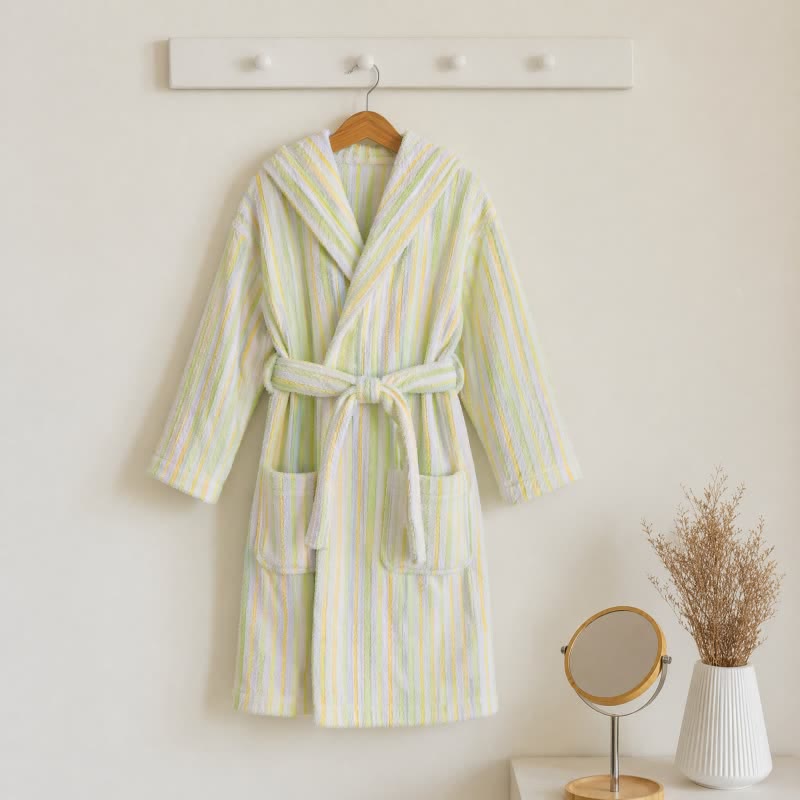 Soft Green Stripe Cotton Bathrobe For Kids - Green - Kids' Size: 140-155cm (55-61in) - image 0
