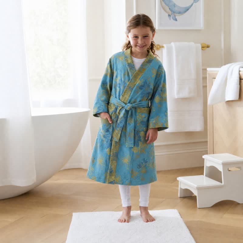 Blue Cotton Floral Kimono Kids Bathrobe - image 1