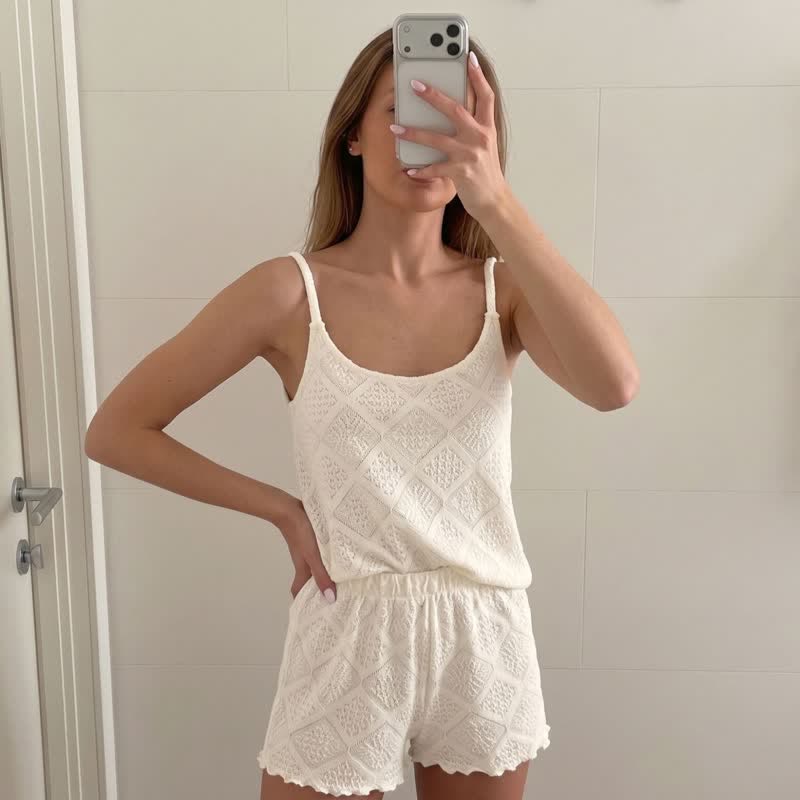 Beige Jacquard Cami Shorts pajama Set - image 2