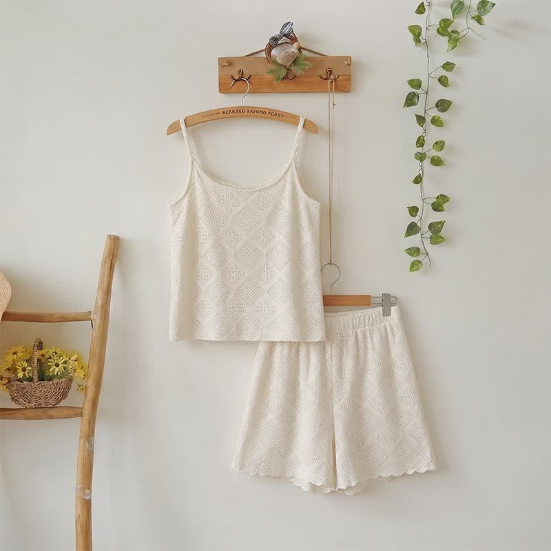 Beige Jacquard Cami Shorts pajama Set - Beige - L - image 1