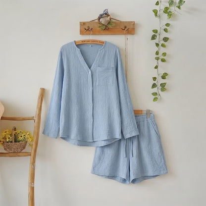Long Sleeve Top & Shorts Pajama Set - Blue - L - image 0