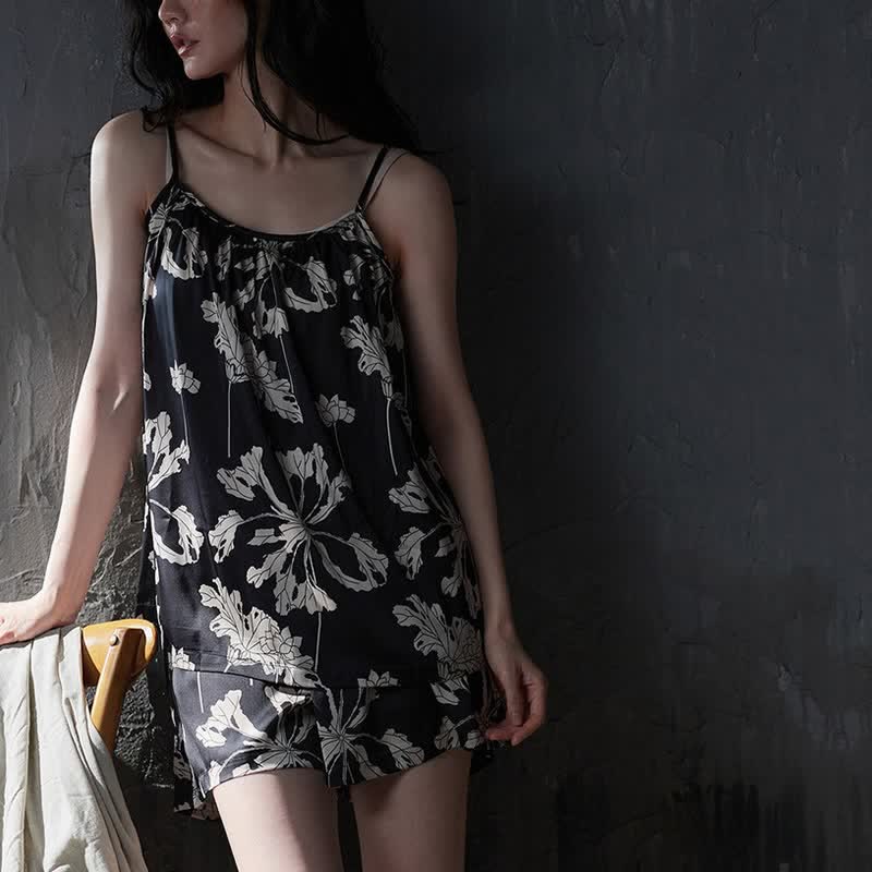 Black Floral Cami Shorts Pajama Set - image 4