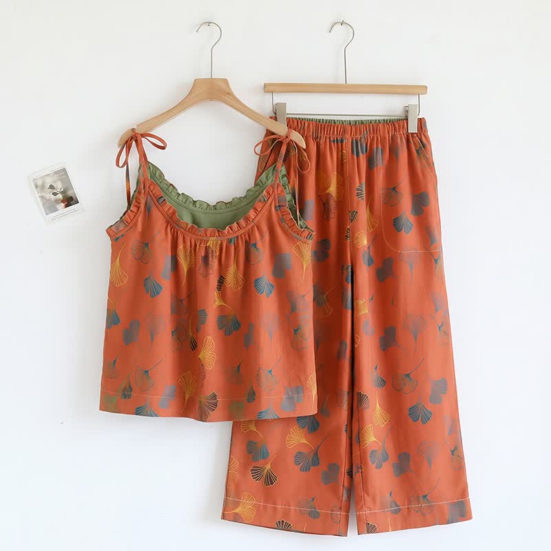Ginkgo Cami Top & Pants Pajama Set - Orange & Green - XL - image 8