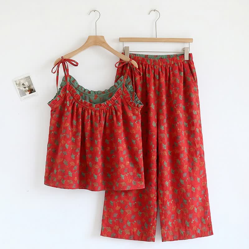 Ginkgo Biloba Leaf Cami Pajama Set - Red & Green - XL - image 0