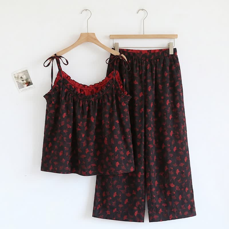 Ginkgo Biloba Leaf Cami Pajama Set - Black & Red - XL - image 16