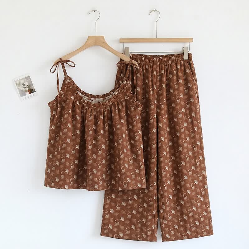 Ginkgo Biloba Leaf Cami Pajama Set - Coffee & Beige - XL - image 0