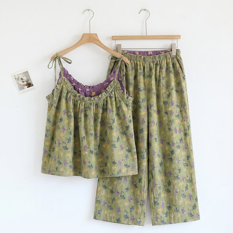 Ginkgo Biloba Leaf Cami Pajama Set - Green & Purple - XL - image 9