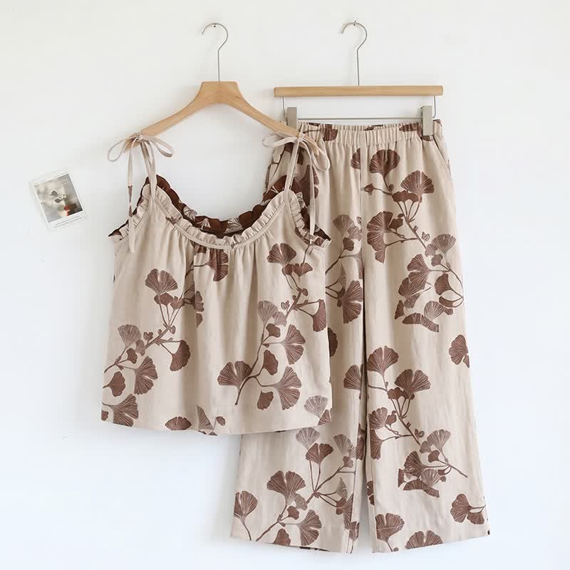 Elegant Ginkgo Cami Cotton Pajama Set - Beige & Coffee - XL - image 8