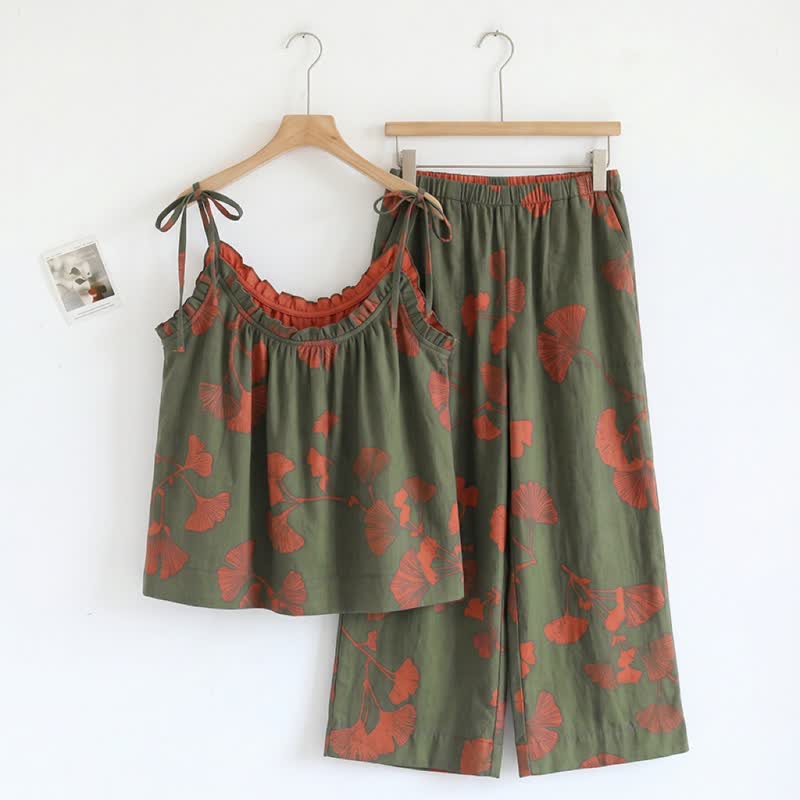 Elegant Ginkgo Cami Cotton Pajama Set - Green & Bright Orange - XL - image 16